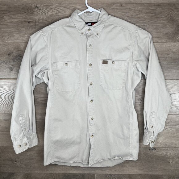 Wrangler Riggs Workwear Button Down Shirt Mens Large Button Up Pocket Tan Sand - Picture 2 of 8